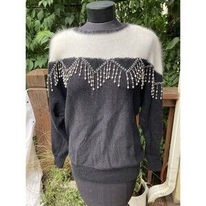Vintage Pearl BEADED Fringe Angora - Rayon Sweater Rhinestones 1980’s Womens